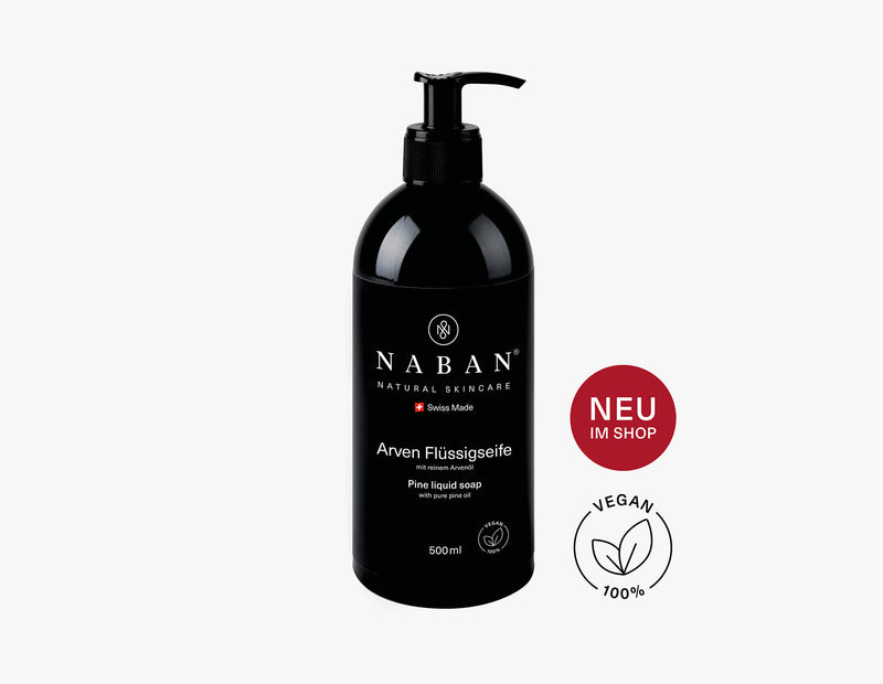 Savon liquide à l'huile d'arolle pure | NABAN | Le soin suisse tout-en-un pour le rasage et la peau des hommes | 100% naturel | végétalien | Acheter maintenant ! NABAN - Soins naturels pour hommes